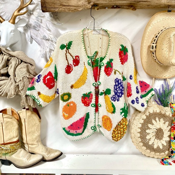 Vintage Sweaters - Artisan fruit granny boho sweater ramie Cardi w prairie country farmhouse vibe